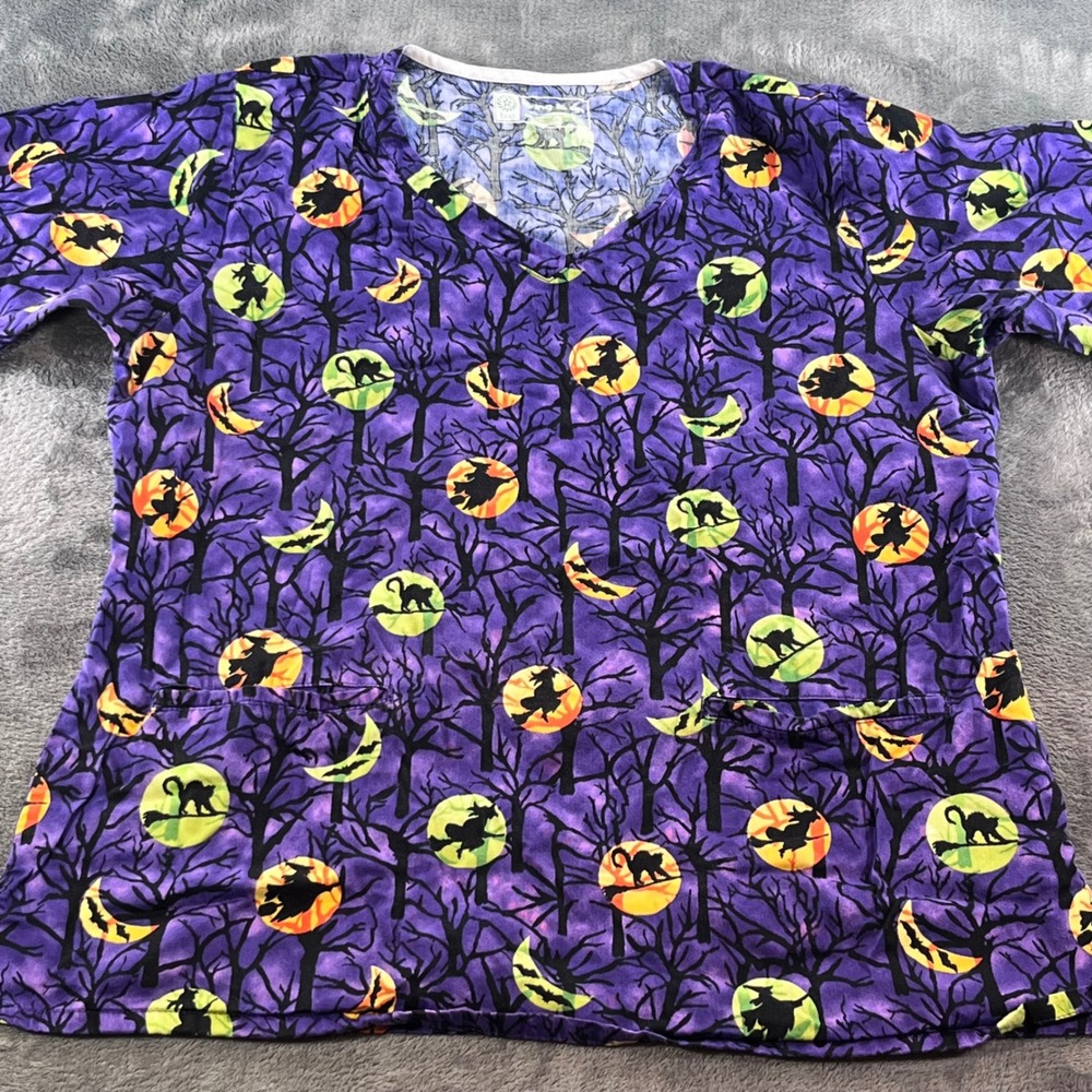 Bring It On Scrub Top XL Purple Halloween Witch Black Cat Cotton V-Neck Medical